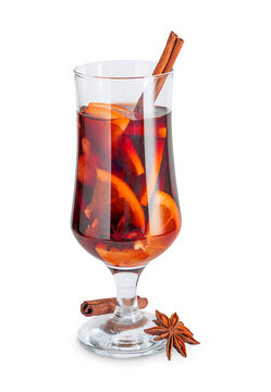 Mulled Or Spiced Red Wine Alcoholic Drink Made With Sliced Orange And Mulling Spices As Cinnamon Stick And Anise Served Hot In Glass Prepared At Winter And Christmas Isolated On White Background