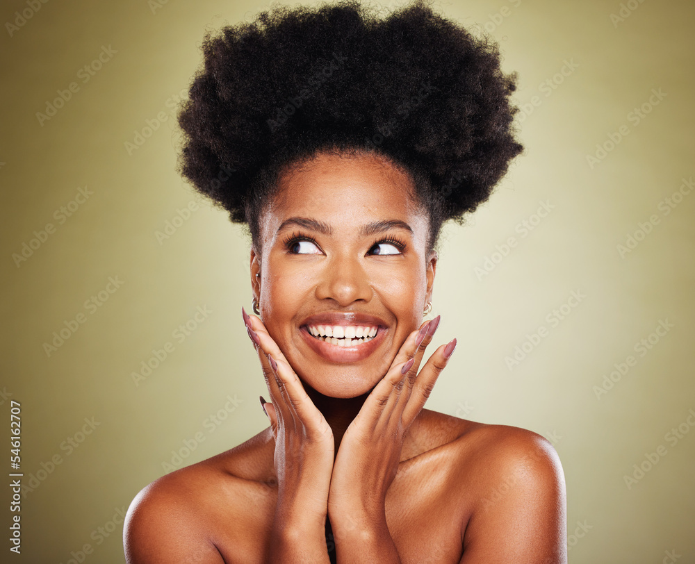 Wall mural Black woman, afro hair or thinking of exciting ideas on green studio backgroud of healthcare wellness, self love or skincare. Smile, happy or inspired beauty model, natural hair or makeup cosmetics