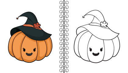 Witch Pumpkin. Coloring book, outline and doodle cute pumpkin characters. Halloween, trick or treat coloring book page activity for kids and adults. Hand drawn vector illustration.
