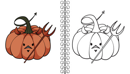 Pumpkin Devil. Coloring book, outline and doodle cute pumpkin characters. Halloween, trick or treat coloring book page activity for kids and adults. Hand drawn vector illustration.