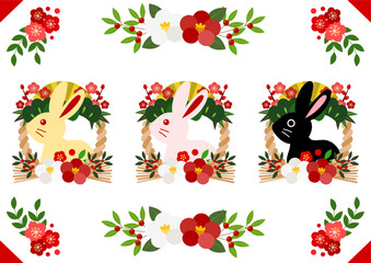 平面版横向き兎と結び目下しめ飾りの卯年アイコンセット