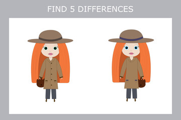 Educational game for children. Find in the row all the differences in girls that are different from others, and circle them