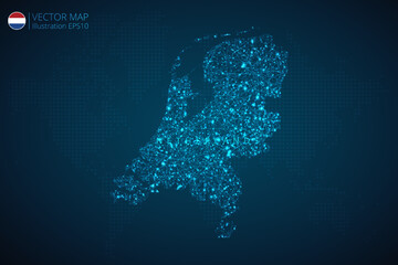 Map of Netherlands modern design with abstract digital technology mesh polygonal shapes on dark blue background. Vector Illustration Eps 10.