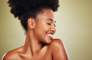 Makeup, cosmetics and beauty mockup of model happy with self care treatment, wellness and luxury healthcare. Self love, facial routine and mock up face of black woman with natural aesthetic skincare