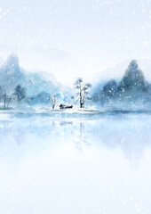 Winter artistic conception snowscape watercolor background illustration