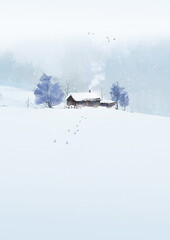 Winter artistic conception snowscape watercolor background illustration