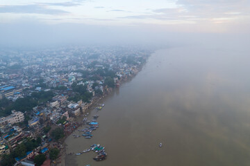 Aerial view of Varanasi city with  Ganges river, ghats, the houses in Varanasi, Banaras, Uttar...