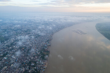 Aerial view of Varanasi city with  Ganges river, ghats, the houses in Varanasi, Banaras, Uttar...