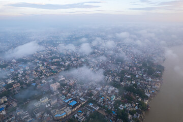 Aerial view of Varanasi city with  Ganges river, ghats, the houses in Varanasi, Banaras, Uttar...