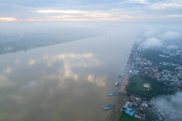 Aerial view of Varanasi city with  Ganges river, ghats, the houses in Varanasi, Banaras, Uttar Pradesh, India