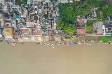 Aerial view of Varanasi city with  Ganges river, ghats, the houses in Varanasi, Banaras, Uttar...