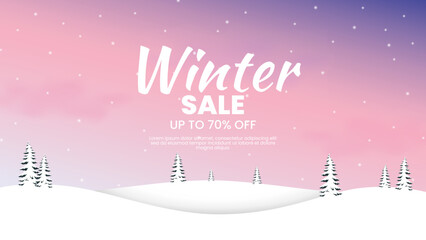 Winter sale background and web ads. With snowfall and Christmas trees banner.
