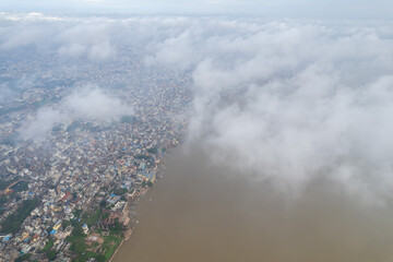 Aerial view of Varanasi city with  Ganges river, ghats, the houses in Varanasi, Banaras, Uttar Pradesh, India