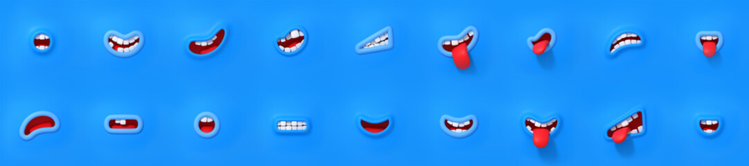 3d render mouths set, funny monster or cute cartoon personage different expressions and emotions. Smile with teeth, sticking out tongue, screaming, laughing, exhausted, Illustration in plastic style
