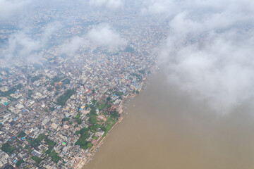 Aerial view of Varanasi city with  Ganges river, ghats, the houses in Varanasi, Banaras, Uttar...