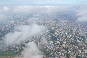 Aerial view of Varanasi city with  Ganges river, ghats, the houses in Varanasi, Banaras, Uttar Pradesh, India