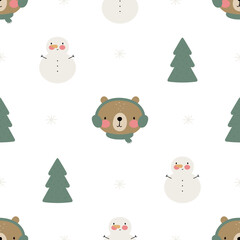 Seamless winter pattern with cute bear. Vector illustration in cartoon style. For posters, banners, card, printing on the pack, paper, printing on clothes, fabric, wallpaper.
