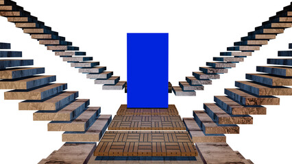 Stairway leading to door, interdimensional portal. 3d render illustration. Solid blue door. Bluescreen door 