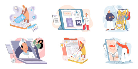 Online medical consultation and support metaphor. Online doctor. Healthcare services, Ask doctor. Tele medicine e-health service. Therapist videocalling phone screen. Diagnosis treatment of patients