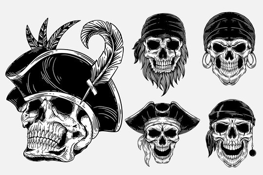 Set Bundle Dark Art Skull pirates captain Skeleton Vintage illustration for clothing apparel