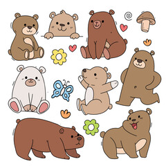 Bear Doodle Colorful Hand Drawn Illustration Vector Set