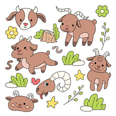 Lamb Goat Ram Doodle Colorful Hand Drawn Illustration Vector Set
