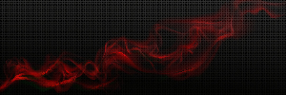 Red smoke trail, realistic perfume smell, curve magic swirl effect. Mysterious twirl or spell trace, isolated shiny magician, wizard or fairy light wave on black background, 3d vector illustration