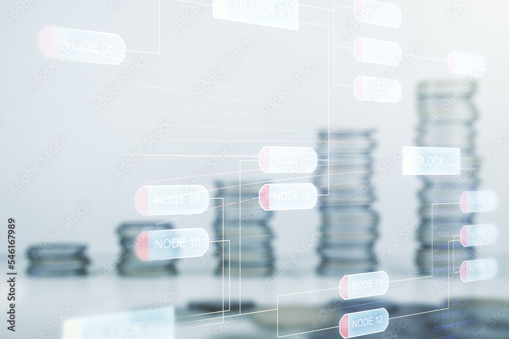 Aufkleber double exposure of abstract programming language interface on growing stacks of coins background, re