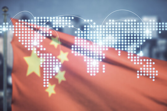 Abstract virtual world map with connections on Chinese flag and city background, international trading concept. Multiexposure - Powered by Adobe