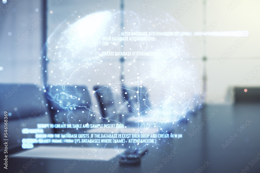 Aufkleber Double exposure of abstract programming language hologram and world map on a modern meeting room background, research and development concept