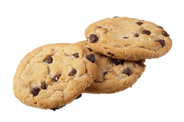 Close up of chocolate chip cookies isolated on white background