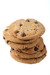 Close up of chocolate chip cookies isolated on white background