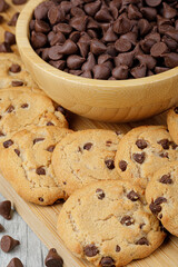 Close up of Chocolate Chips and delicious chocolate chip cookies
