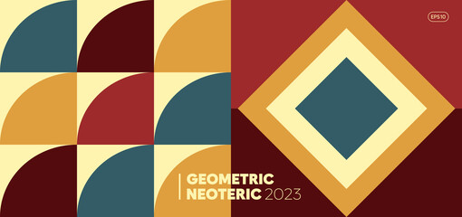 Abstract trendy geometric shape background. Bauhaus cover design template. Minimal page layout for art, prints, posters, brochures, magazines, and book covers. Vector, 2023