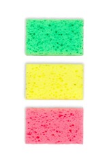 Three multi-colored foam sponges in the form of traffic light colors. Foam sponges are isolated on a white background.