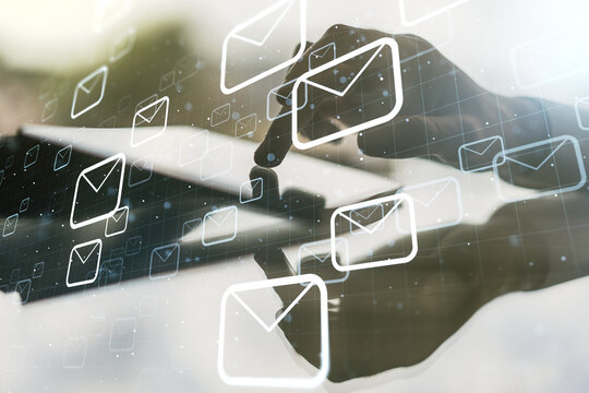 Double exposure of postal envelopes hologram with finger clicks on a digital tablet on background. Electronic mail and spam concept