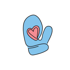 Continuous drawing of one line of winter mittens. The icon of a winter mitten with a heart. Christmas illustration in the style of light art. Minimalistic contour illustration for design.