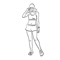 full length sporty woman with cap standing illustration vector hand drawn isolated on white background line art.