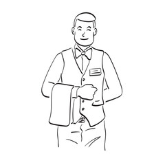 smiling male waiter in tuxedo and napkin illustration vector hand drawn isolated on white background line art.