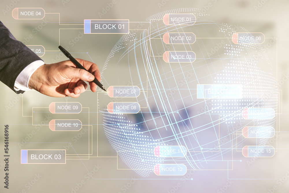 Poster multi exposure of developer's hand with pen working with abstract programming language hologram and 