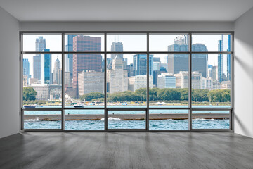 Obraz na płótnie Canvas Downtown Chicago City Skyline Buildings from Window. Beautiful Expensive Real Estate. Epmty office room Interior Skyscrapers, View Lake Michigan waterfront, harbor. Cityscape. Day time. 3d rendering.