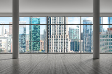 Fototapeta premium Downtown Chicago City Skyline Buildings from High Rise Window. Beautiful Expensive Real Estate overlooking. Epmty room Interior Skyscrapers View in Penthouse Cityscape. Day time. 3d rendering.