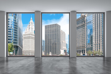 Fototapeta na wymiar Downtown Chicago City Skyline Buildings from Window. Beautiful Expensive Real Estate. Epmty office room Interior Skyscrapers, River walk, bridge, waterfront view. Cityscape. Day time. 3d rendering.