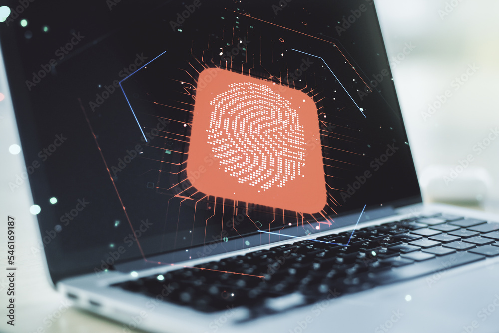 Poster double exposure of abstract creative fingerprint hologram on computer background, protection of pers