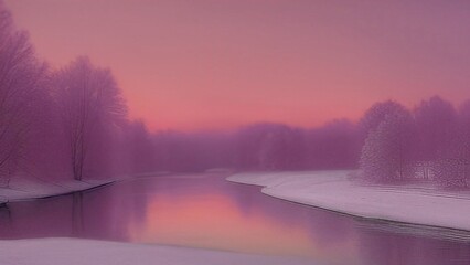 winter river surrounded by fog and pink trees and hoarfrost and snow 