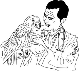 Doctor holding parrot sketch drawing, pet care doctor holding bird vector and illustration, bird clinic logo, pet doctor emblem, animal hospital monogram 