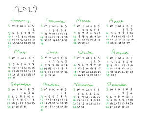 2027年シンプル手描きカレンダー