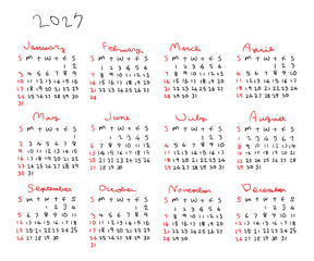 2027年シンプル手描きカレンダー