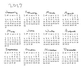 2027年シンプル手描きカレンダー