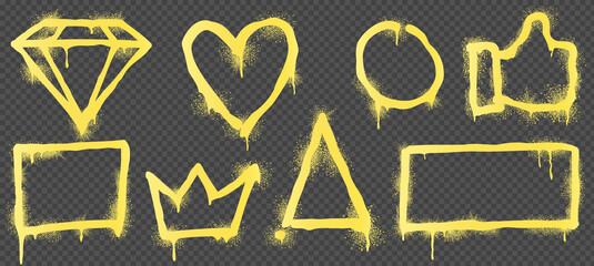 Set of graffiti spray pictures isolated on transparent background. Yellow paint diamond, heart, circle, like icon, crown, square, triangle and rectangle frames png. Realistic vector illustration © klyaksun